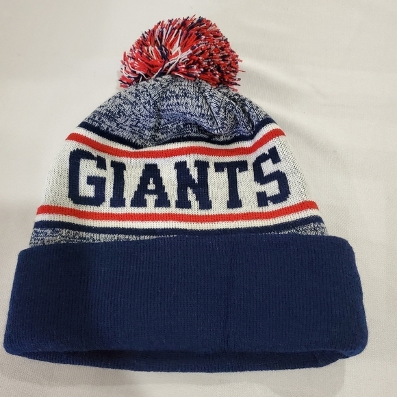 New York Giants Beanie One Size Blue Red NFL Football Embroidered Pom Pom Knit - Picture 2 of 5